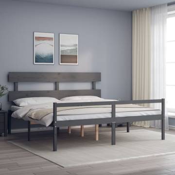 Grey Super King Size Bed Frame with Headboard - Solid Wood