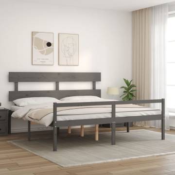 Grey Super King Size Bed Frame with Headboard - Solid Wood