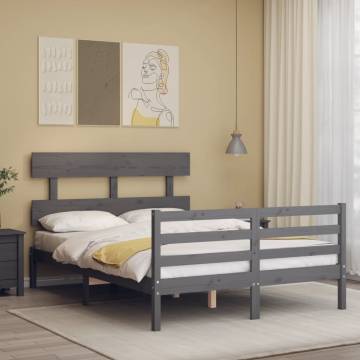 Grey Double Bed Frame with Headboard - Solid Pinewood Construction