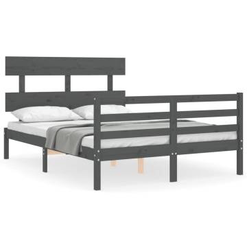 Grey Double Bed Frame with Headboard - Solid Pinewood Construction