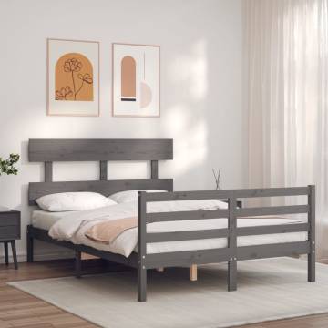 Grey Double Bed Frame with Headboard - Solid Pinewood Construction