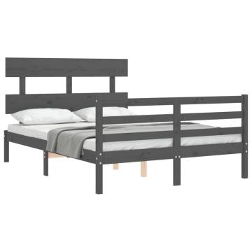 Grey Double Bed Frame with Headboard - Solid Pinewood Construction