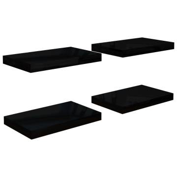 High Gloss Black Floating Wall Shelves - 4 pcs Set