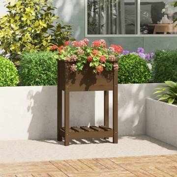 Planter with Shelf Honey Brown - Solid Pine Wood | HipoMarket