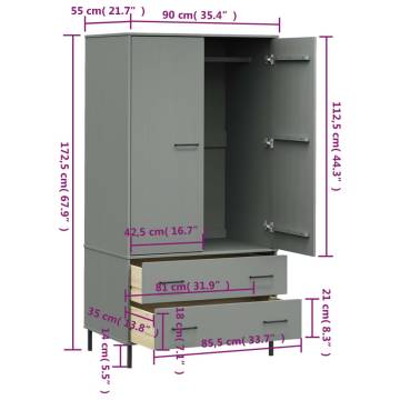 Stylish Grey Wardrobe with Metal Legs - Solid Wood OSLO 90x55 cm