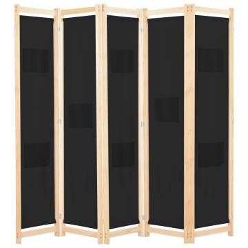 5-Panel Black Room Divider | Stylish Fabric Partition 200x170cm