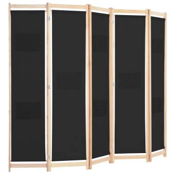 5-Panel Black Room Divider | Stylish Fabric Partition 200x170cm