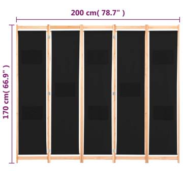 5-Panel Black Room Divider | Stylish Fabric Partition 200x170cm