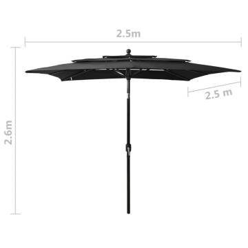 3-Tier Black Parasol with Aluminium Pole - Garden Umbrella 2.5x2.5m