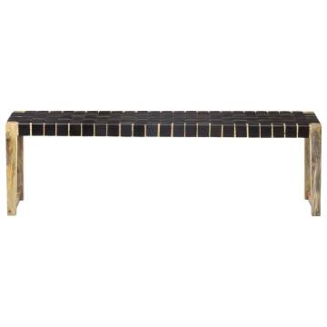 150 cm Black Leather Bench - Solid Mango Wood | HipoMarket