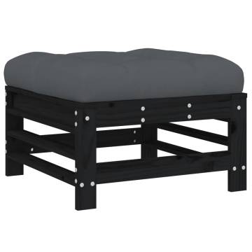 Garden Footstool with Cushion - Black Solid Pine Wood