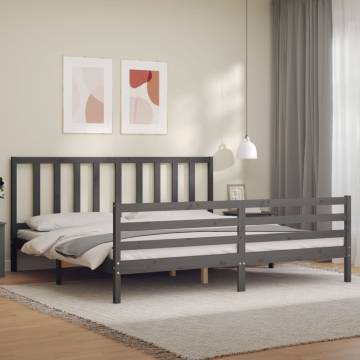 Stylish Grey Bed Frame with Headboard - 200x200 cm Solid Wood