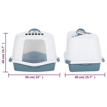 Durable Cat Litter Tray with Cover - White & Blue 56x40x40cm