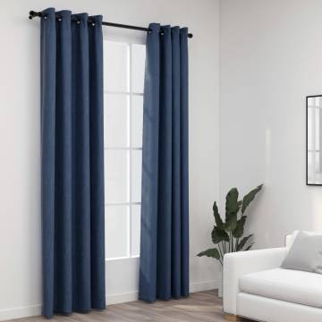 Linen-Look Blackout Curtains with Grommets - Blue 140x225cm