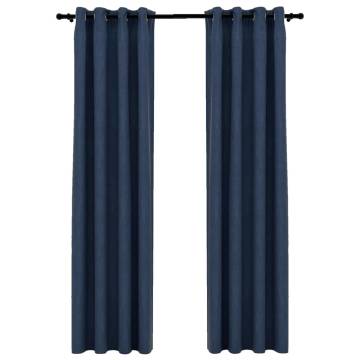 Linen-Look Blackout Curtains with Grommets - Blue 140x225cm