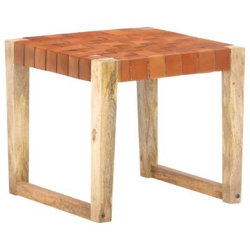 Light Brown Leather & Mango Wood Stool | Quality Home Furniture