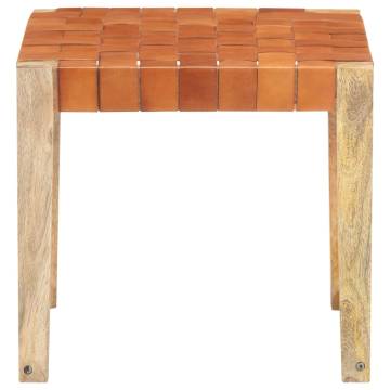 Light Brown Leather & Mango Wood Stool | Quality Home Furniture