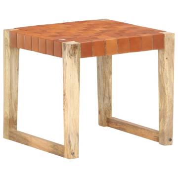 Light Brown Leather & Mango Wood Stool | Quality Home Furniture