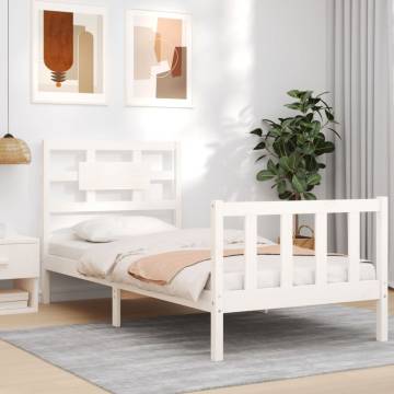 White Single Bed Frame with Headboard - Solid Pine Wood