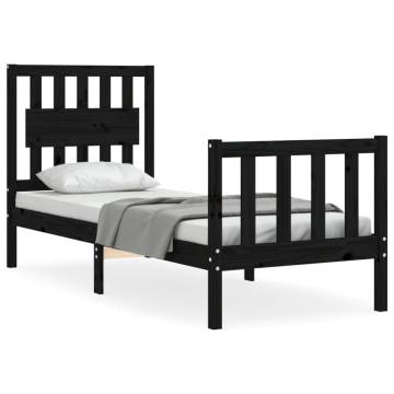 Black Small Single Bed Frame with Headboard - Solid Pine Wood