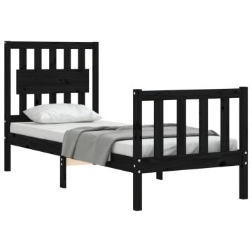 Black Small Single Bed Frame with Headboard - Solid Pine Wood