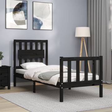 Black Small Single Bed Frame with Headboard - Solid Pine Wood