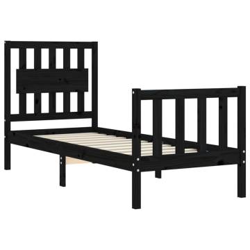 Black Small Single Bed Frame with Headboard - Solid Pine Wood