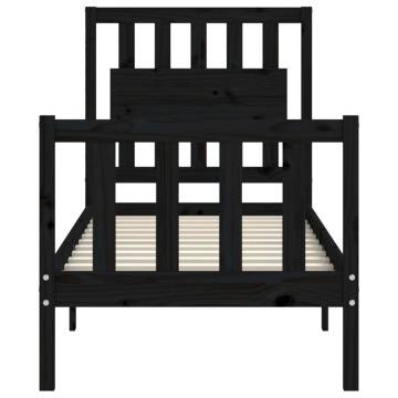 Black Small Single Bed Frame with Headboard - Solid Pine Wood