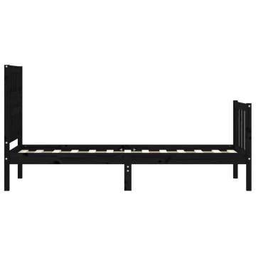 Black Small Single Bed Frame with Headboard - Solid Pine Wood