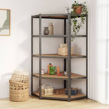 5-Layer Heavy-Duty Corner Shelf - Grey Steel & Engineered Wood