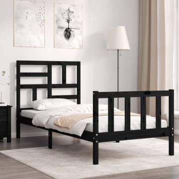 Small Single Black Bed Frame with Headboard - Solid Wood