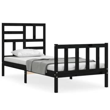 Small Single Black Bed Frame with Headboard - Solid Wood