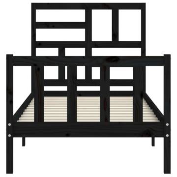 Small Single Black Bed Frame with Headboard - Solid Wood