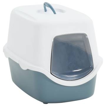 Cat Litter Tray with Cover - White & Blue | 56x40x40 cm