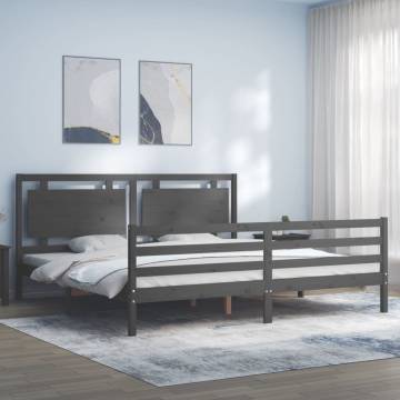 Stylish Grey Bed Frame with Headboard - 200x200 cm Solid Wood