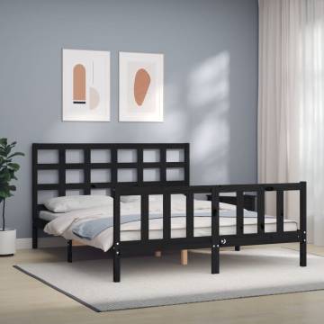 Stylish Black Bed Frame with Headboard - 160x200 cm Solid Wood