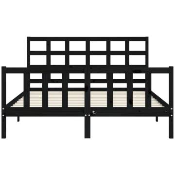 Stylish Black Bed Frame with Headboard - 160x200 cm Solid Wood