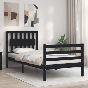 Black Bed Frame with Headboard - 90x200 cm Solid Wood