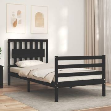 Black Bed Frame with Headboard - 90x200 cm Solid Wood