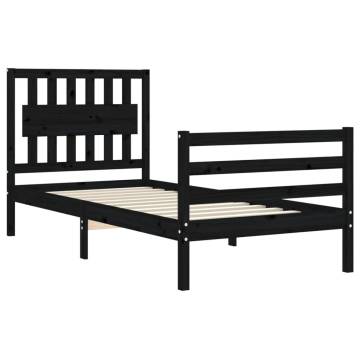 Black Bed Frame with Headboard - 90x200 cm Solid Wood