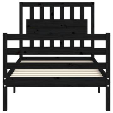 Black Bed Frame with Headboard - 90x200 cm Solid Wood