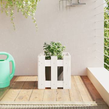 White Garden Planter with Fence Design - Solid Pine 30x30 cm