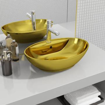 Chic Gold Ceramic Wash Basin with Overflow | 58.5x39x21 cm