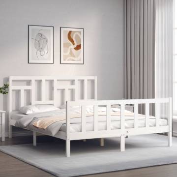 White King Size Bed Frame with Headboard - Solid Wood