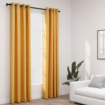 Linen-Look Blackout Curtains - Yellow Grommeted 140x245cm