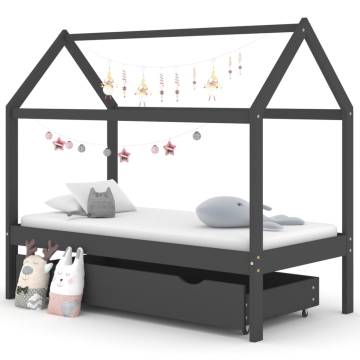 Kids Bed Frame with Drawer - Dark Grey Pine Wood 80x160cm