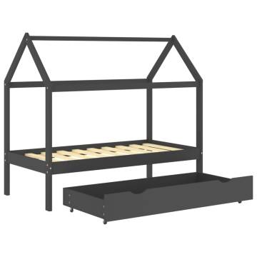 Kids Bed Frame with Drawer - Dark Grey Pine Wood 80x160cm