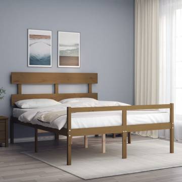 Honey Brown King Size Bed Frame with Headboard - Solid Wood