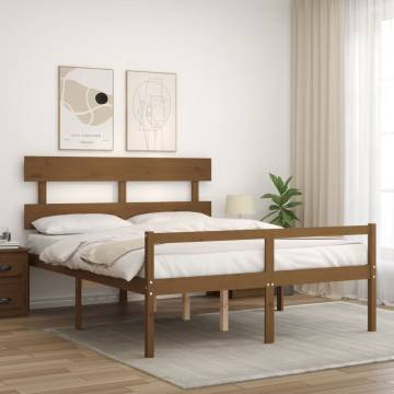 Honey Brown King Size Bed Frame with Headboard - Solid Wood