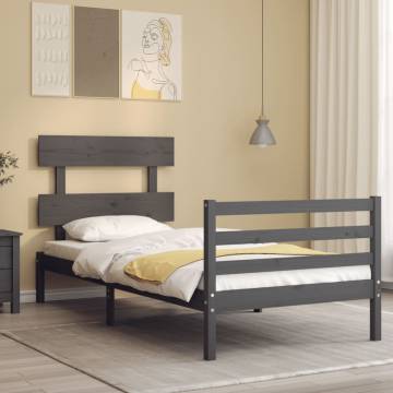 Grey Bed Frame with Headboard - 90x200 cm Solid Wood | HipoMarket